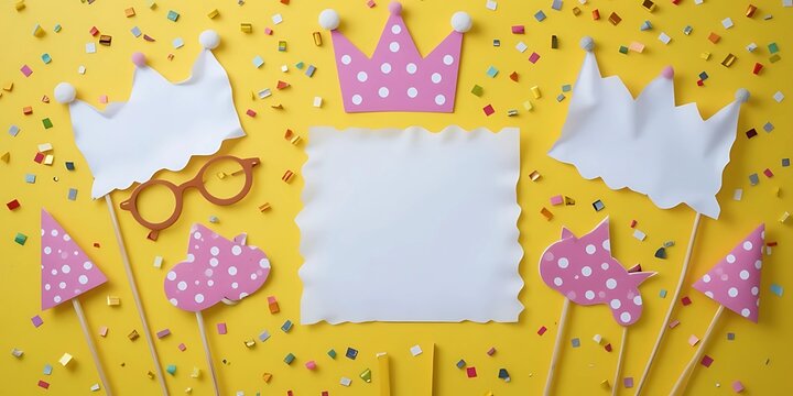 Bright yellow layout with polka-dot props, cartoon crown outlines, and soft confetti bursts — ideal for toddler parties.
