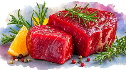 Realistic Watercolor Sketch of Fresh Beef with Herbs and Citrus Slices