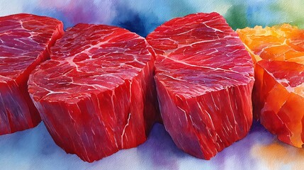 Realistic Watercolor Sketch of Fresh Raw Beef Cuts with Vibrant Lighting Effects