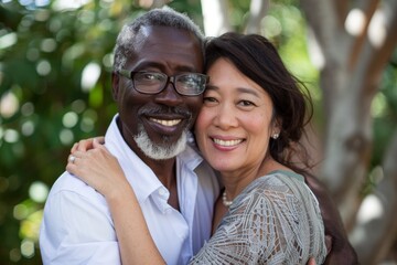 Portrait of a smiling multicultural couple in their 50s hugging each other