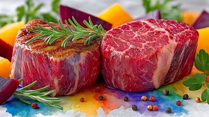 Realistic Beef Sketch in Watercolor Style with Vibrant Lighting and Fresh Ingredients