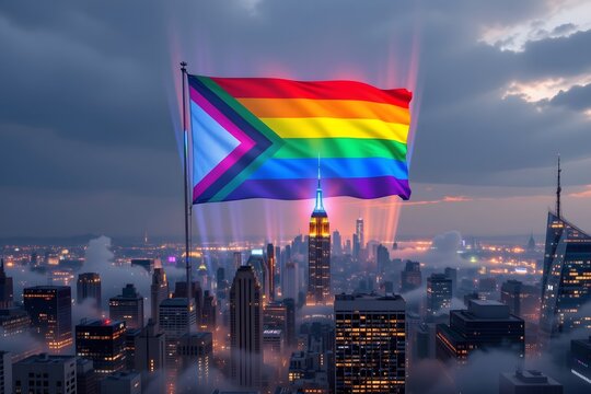 Pride Flag over Skyline: A vibrant progress pride flag waves triumphantly above a modern cityscape at dusk, symbolizing inclusivity and progress.