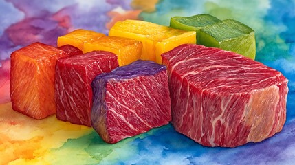 Realistic Beef Sketch in Watercolor Style with Vibrant Lighting and Colors