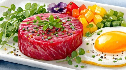 Luscious Beef Tartare with Vegetables and Egg in Watercolor Style