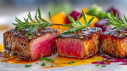 Realistic Beef Steak with Fresh Herbs and Colorful Vegetables on a Plate
