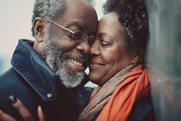 Portrait of a grinning afro-american couple in their 50s kissing
