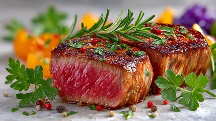 Realistic Beef Steak with Fresh Herbs and Colorful Vegetables in Watercolor Style