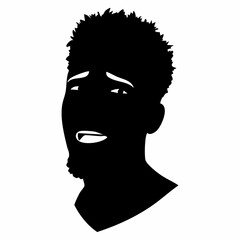 Vector art of a stark black silhouette of a young mans head, isolated on white background, shows a face expressing a mixture of sadness and slight amusement