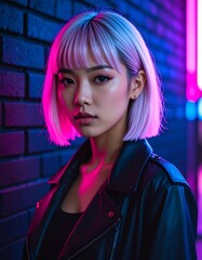 Trendy Woman with Blonde Bob in Neon Light