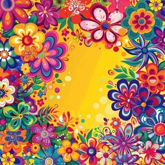 A vivid and colorful floral frame surrounds a bright yellow center, creating a lively and cheerful pattern