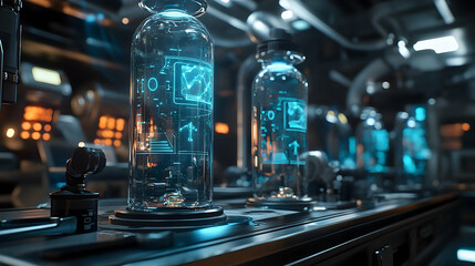 Futuristic laboratory glass containers with holographic displays.
