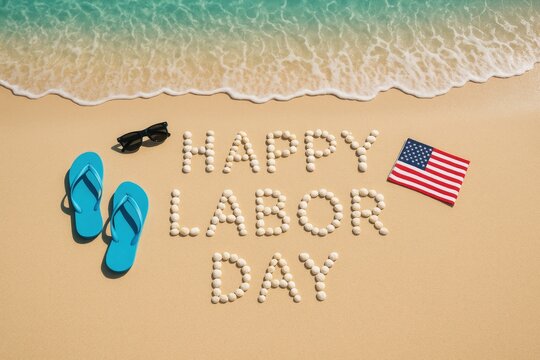 Happy labor day beach shells sand summer vacation - Powered by Adobe