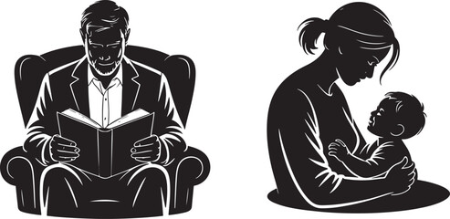 A silhouetted father reading a book and a mother cradling her baby son with love