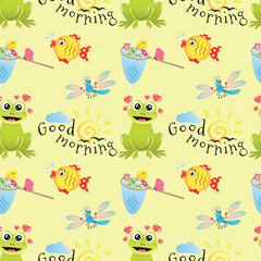 seamless summer pattern with illustrations for kids with cute animals and summer waves
