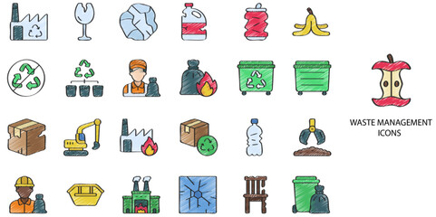 Waste Management simple concept 24 hand drawn color icons set .Vector illustration.