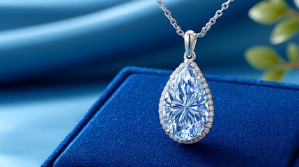 Realistic Painting of a Diamond Pendant Necklace on a Blue Background