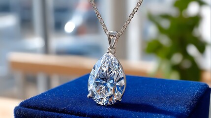 Realistic Painting of a Diamond Pendant Necklace on a Blue Velvet Display