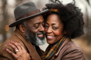 Portrait of a grinning afro-american couple in their 50s kissing