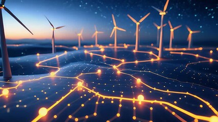 Wind turbines on glowing digital grid landscape at twilight generating renewable energy with futuristic illuminated network connections
- Powered by Adobe