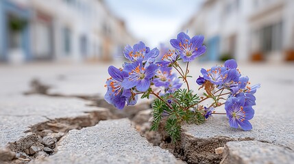Resilient Flower Survives Through Cracks in Urban Ground Amidst Nature's Beauty