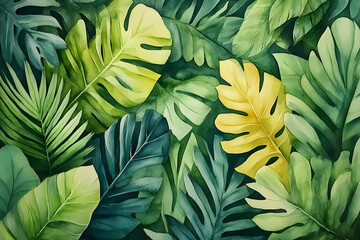 Fototapeta premium Vibrant tropical foliage in a watercolor style.