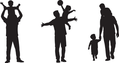 Fathers playing and bonding with their children in silhouette on a white background