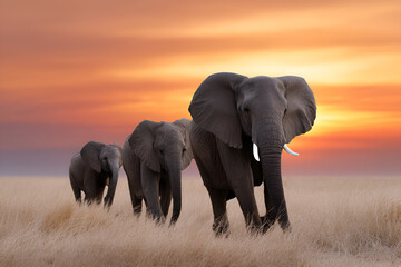 Obraz premium Three elephants walking gracefully through golden grasslands at sunset, showcasing their majestic presence in a serene natural environment with vibrant colors
