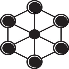 A geometric pattern featuring black circles connected by lines in a hexagonal configuration on white