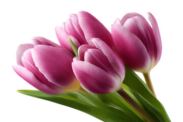 Vibrant pink tulips with delicate petals and lush green leaves arranged beautifully, showcasing the elegance of spring flowers in a bright and fresh composition