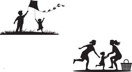 Silhouette illustration depicting happy family moments including kite flying and outdoor activities.