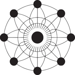 Geometric design featuring black circles connected by lines in a circular pattern on light background