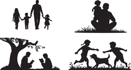 Silhouette illustrations representing fatherhood, family activities, and childhood adventures in outdoor settings