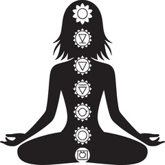 Silhouette of a woman meditating with chakra symbols aligned along the spine in black and white image