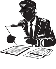 Silhouette of an airline pilot reviewing documents with clipboard and uniform © MOHAMMAD