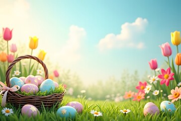 Fototapeta premium Beautiful easter scene with decorated eggs in basket and blooming spring flowers under a bright sky