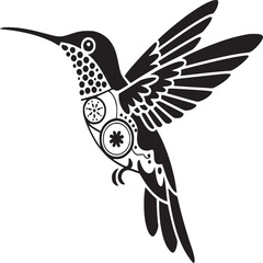 Black and white illustration of a hummingbird with decorative patterns on its body and wings spread out