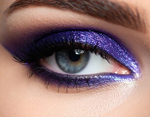 Obraz premium Close-up of sparkling purple glitter eyeshadow on blue eye