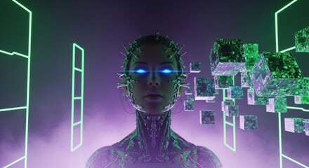 A futuristic cyborg with glowing eyes and fragmented geometric elements.