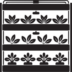 Black and white illustration of a vertical farming system with multiple shelves and plant growth lights