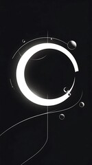 Minimalist abstract composition with geometric shapes and a sphere in the center on a black background.