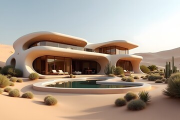 Modern desert villa with a pool and contemporary architecture under a clear sky