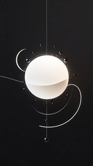 Minimalist abstract composition with geometric shapes and a sphere in the center on a black background.