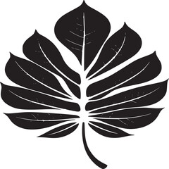 Isolated black and white illustration of a detailed cassava leaf with visible veins and stem on white background