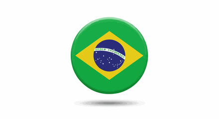 A glossy 3D circular button or badge featuring the national flag of Brazil, a shiny vector illustration symbol of Brazilian patriotism, isolated on a white background.