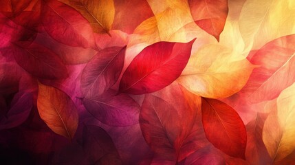 An abstract composition of colorful leaves in shades of red, orange, yellow, and purple creating a warm and vibrant background.