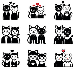 Cute Cat Couple Wedding Clipart - Black and White Feline Bride and Groom Vector Illustration Set