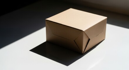A small, brown cardboard box sits on a white surface, casting a dark shadow in bright sunlight.