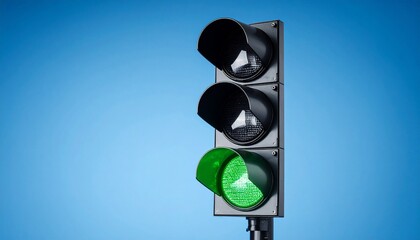 Traffic lamp with green light on against blue background.