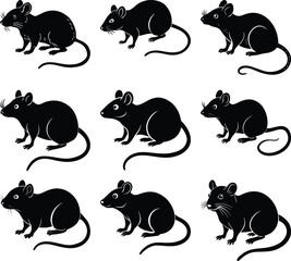 Collection of Nine Black Silhouettes of Rats in Various Poses  High-Resolution Vector Illustrations