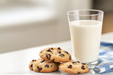 Glass of milk with chocolate chip cookies on a white table, next to a blue checkered napkin